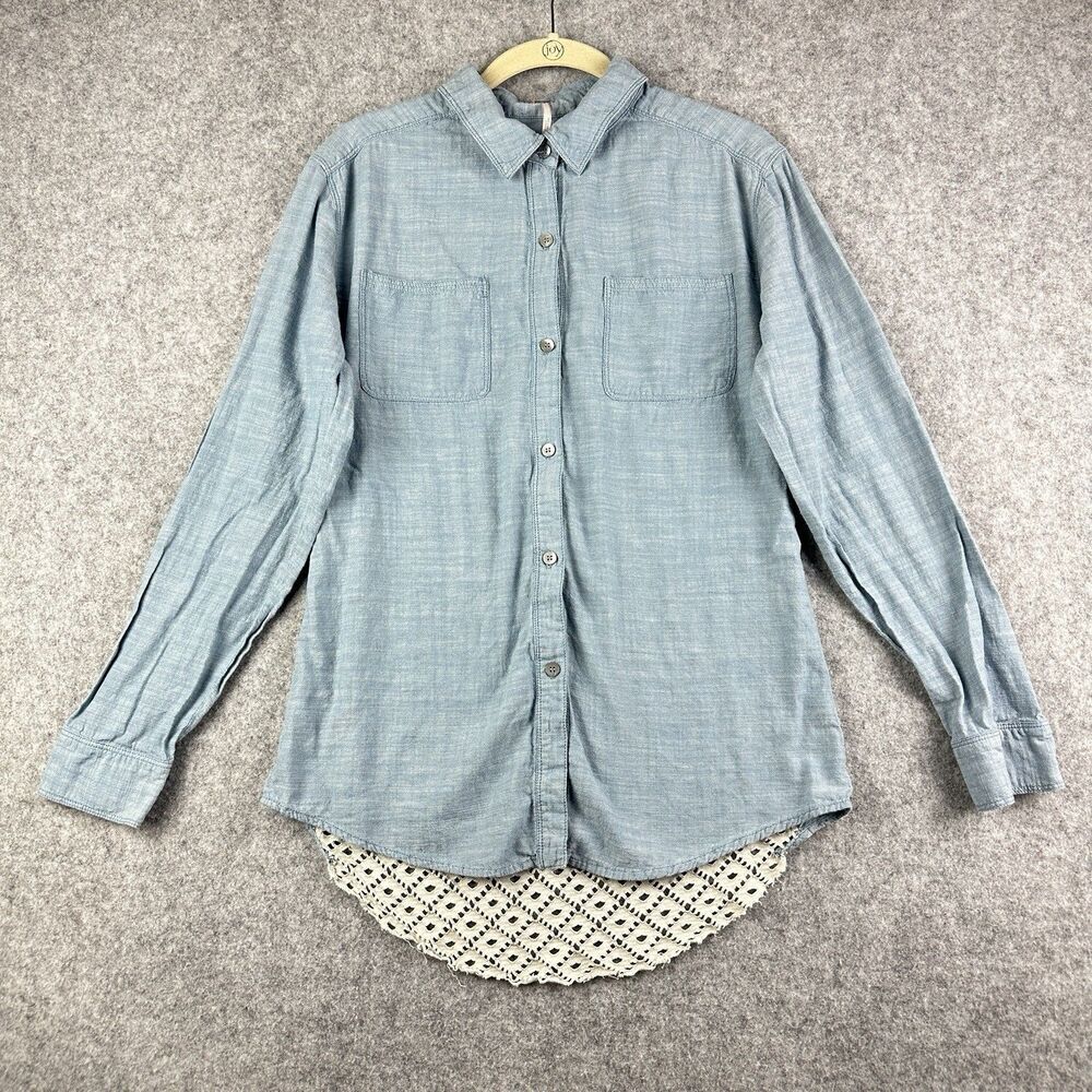 Free People Slubby Chambray Shirt Womens Small Blue Lace Back Road Trip Button*